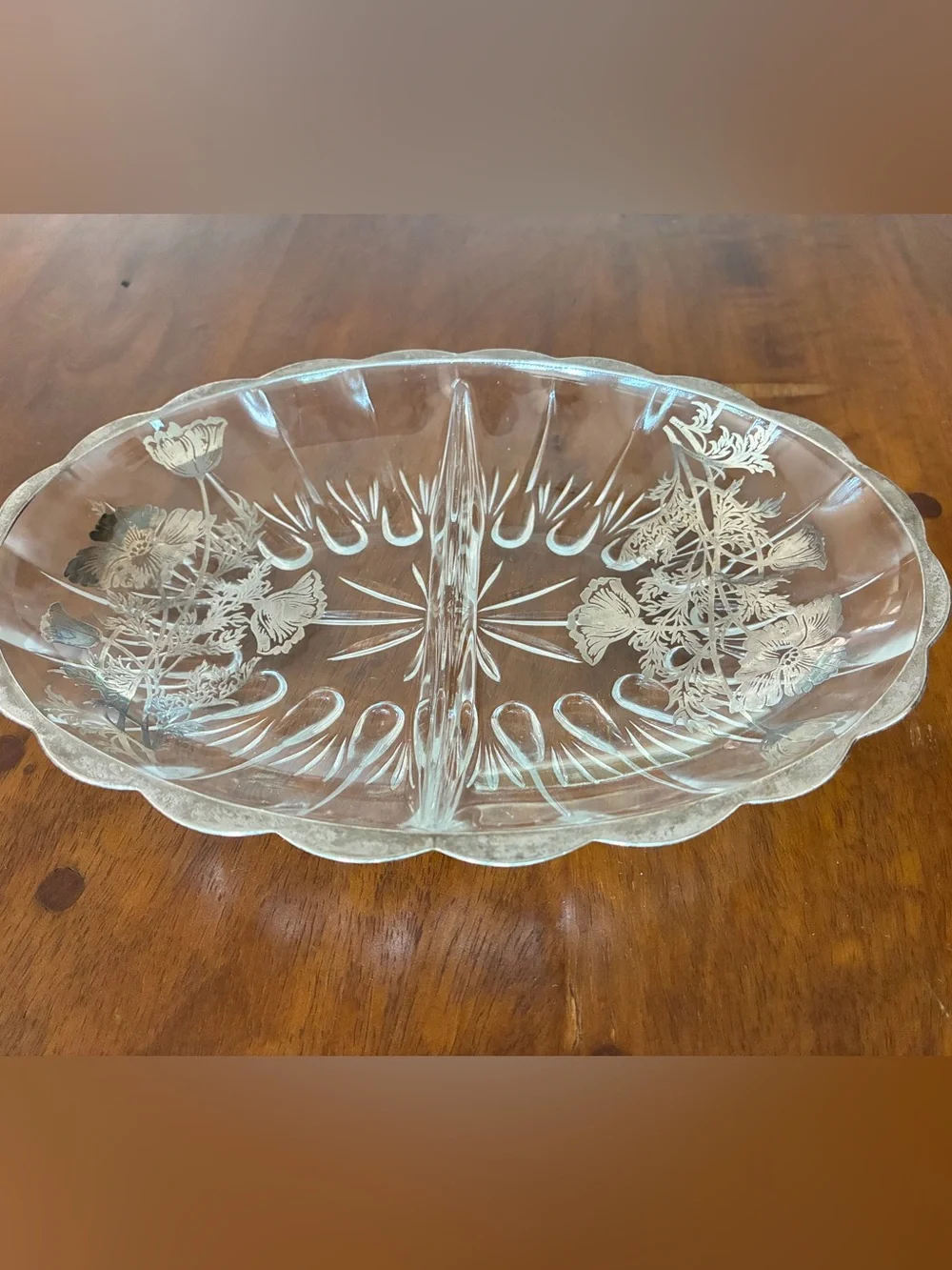 Silver City Glass Sterling Overlay Divided Oval Relish Dish Flanders Poppy